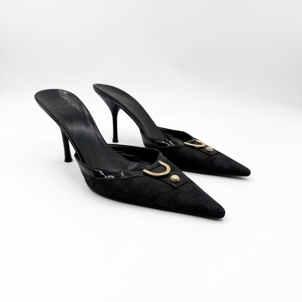 Gucci GG Canvas Monogram Mules Pointed Toe Kitten Heels 9.5